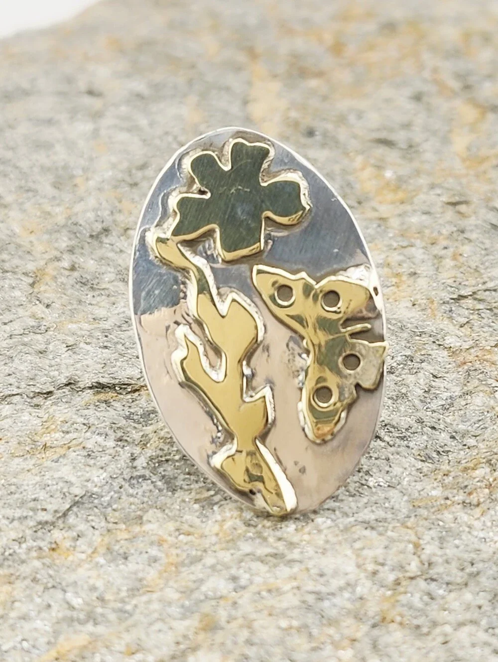 STERLING SILVER & BRASS BOTANICAL HANDMADE RING MIX METAL DESIGN SIZE 7